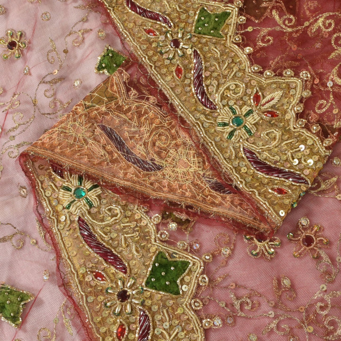 Sanskriti Vintage Pink Net Mesh Dupatta/Stole Hand Embroidery Zardozi Dabka Veil