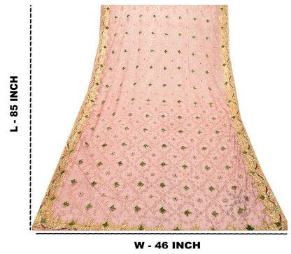 Sanskriti Vintage Pink Net Mesh Dupatta/Stole Hand Embroidery Zardozi Dabka Veil