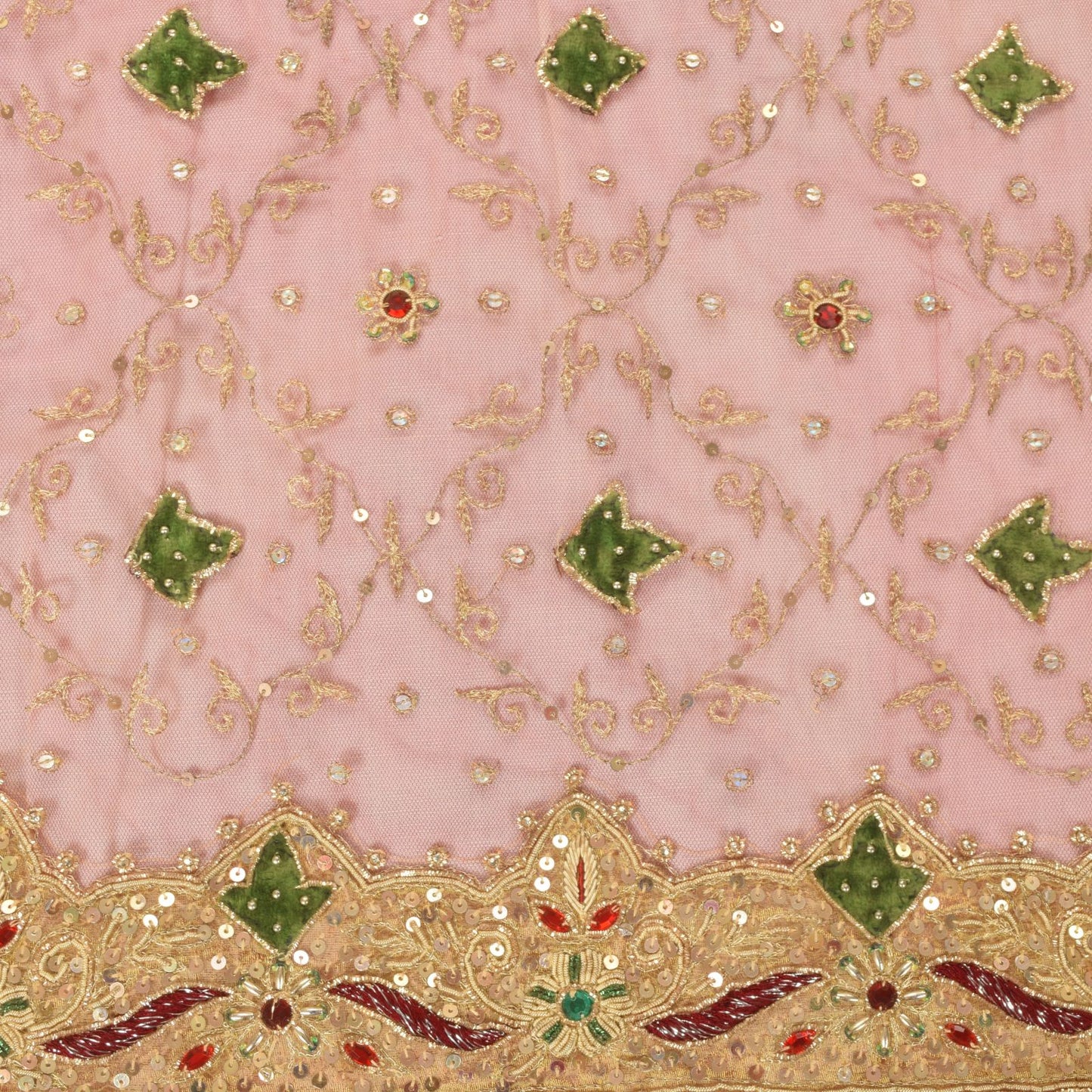Sanskriti Vintage Pink Net Mesh Dupatta/Stole Hand Embroidery Zardozi Dabka Veil