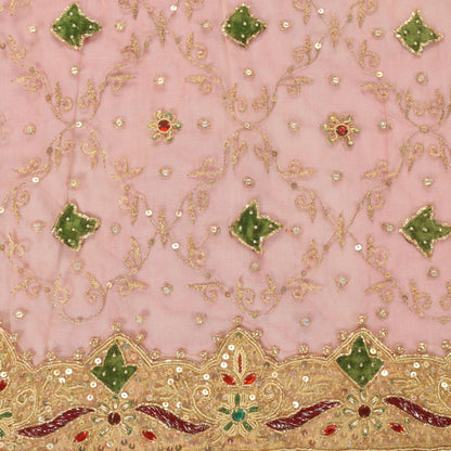 Sanskriti Vintage Pink Net Mesh Dupatta/Stole Hand Embroidery Zardozi Dabka Veil