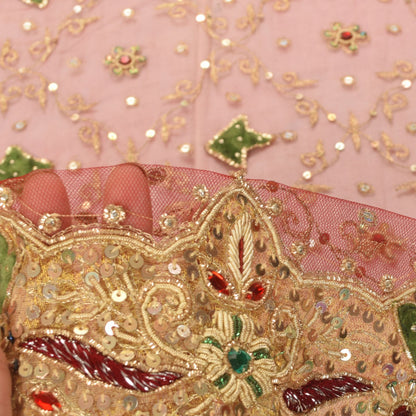 Sanskriti Vintage Pink Net Mesh Dupatta/Stole Hand Embroidery Zardozi Dabka Veil