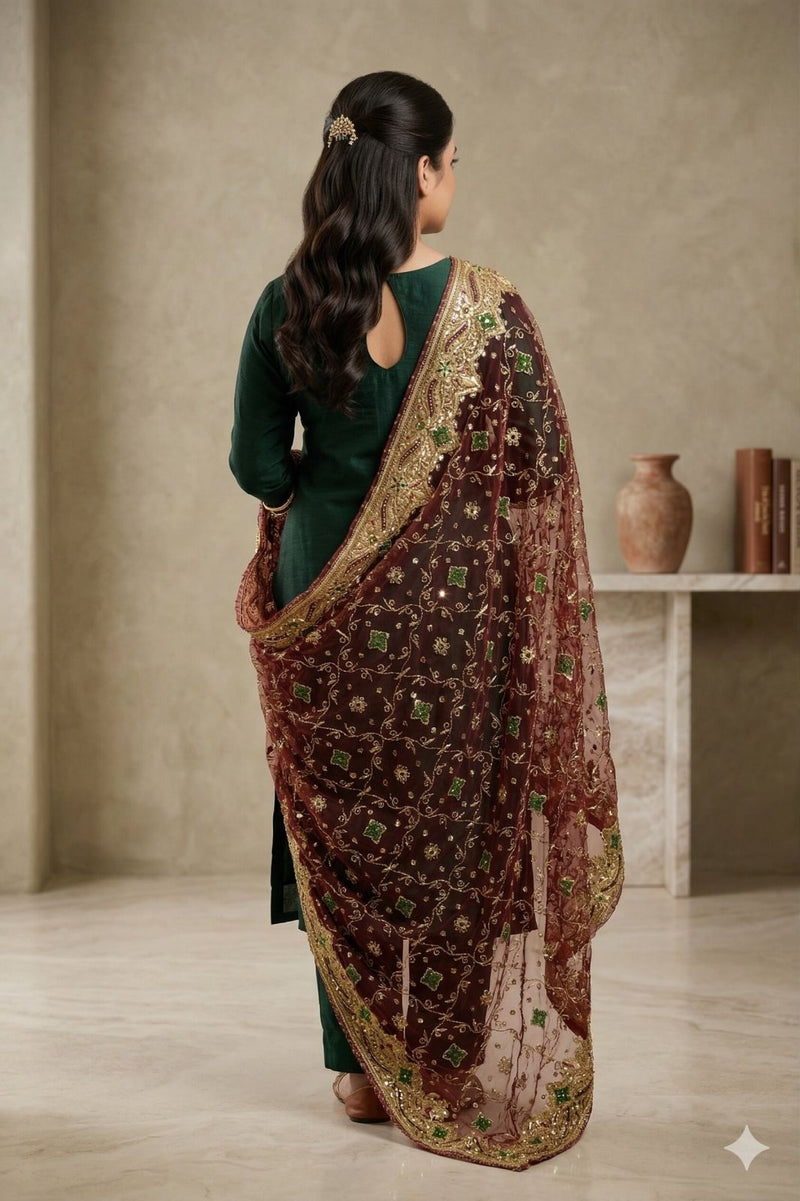 Sanskriti Vintage Pink Net Mesh Dupatta/Stole Hand Embroidery Zardozi Dabka Veil