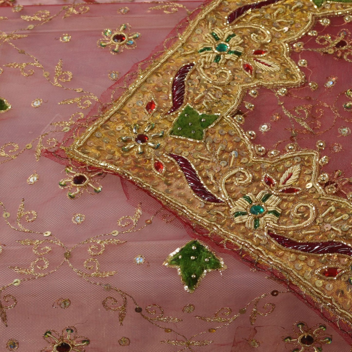 Sanskriti Vintage Pink Net Mesh Dupatta/Stole Hand Embroidery Zardozi Dabka Veil