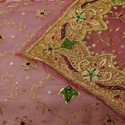 Sanskriti Vintage Pink Net Mesh Dupatta/Stole Hand Embroidery Zardozi Dabka Veil