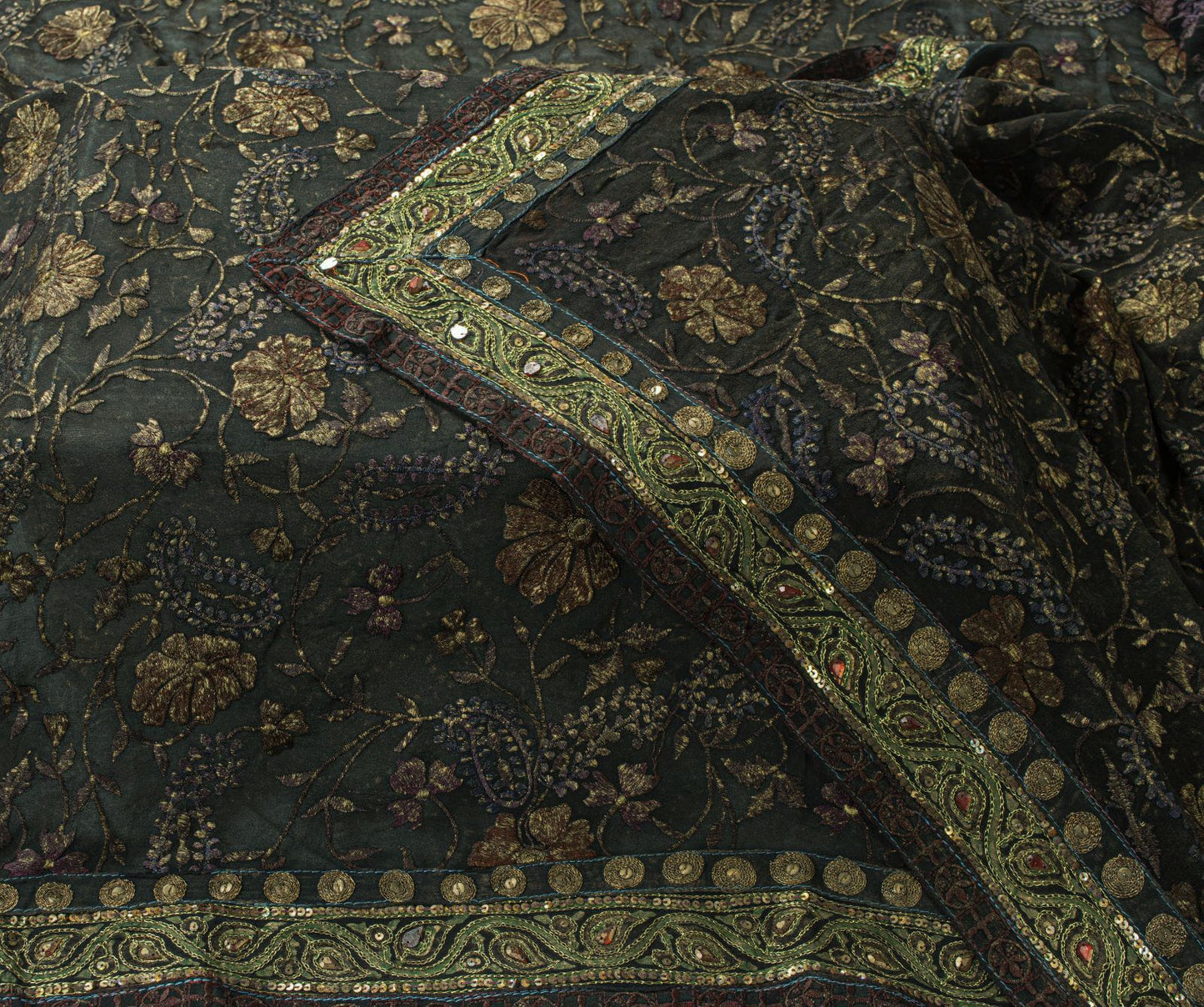 Sanskriti Vintage Black 100% Pure Georgette Silk Dupatta/Stole Hand Beaded Veil