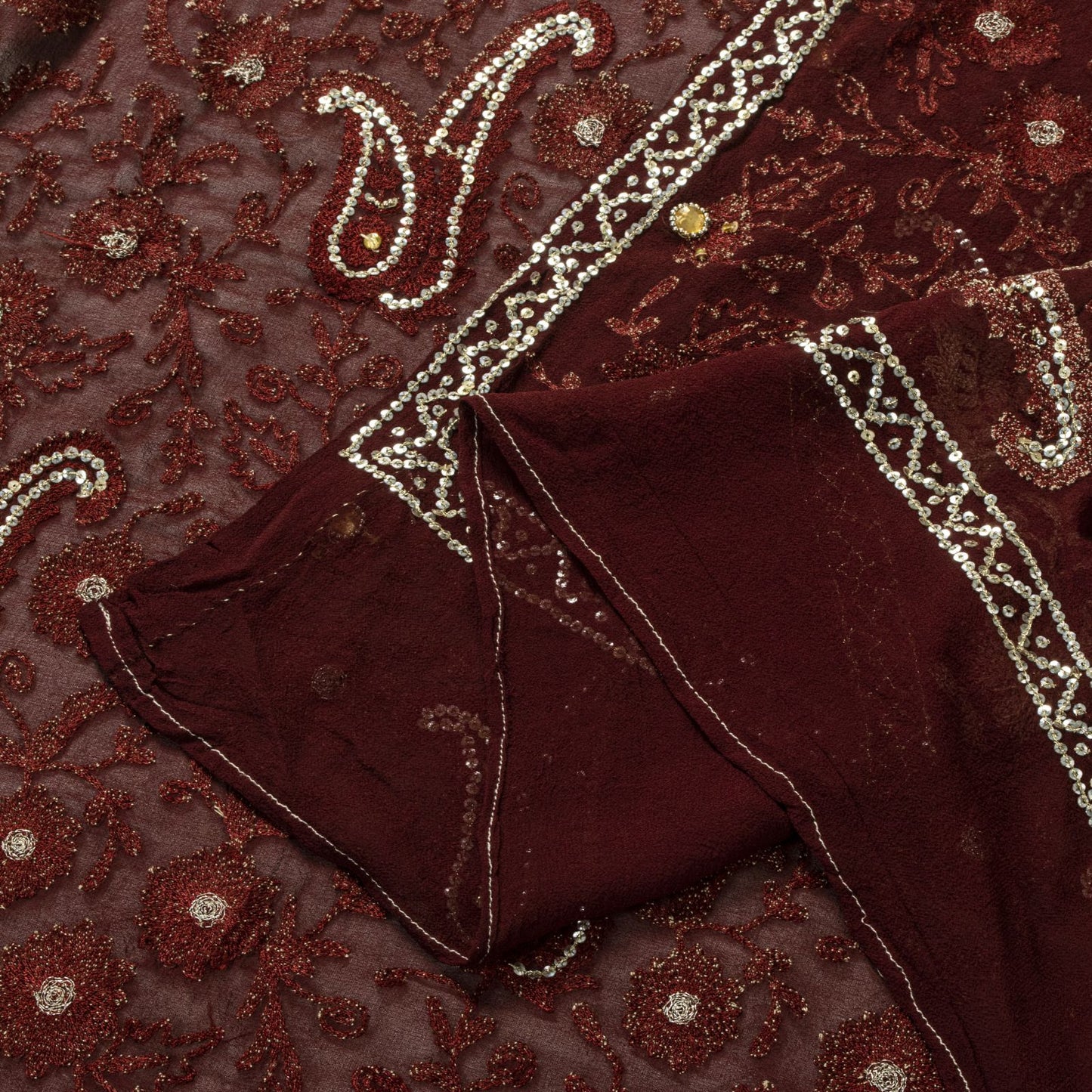 Sanskriti Vintage Brown Pure Georgette Dupatta/Stole Embroidery-Sequins Beaded