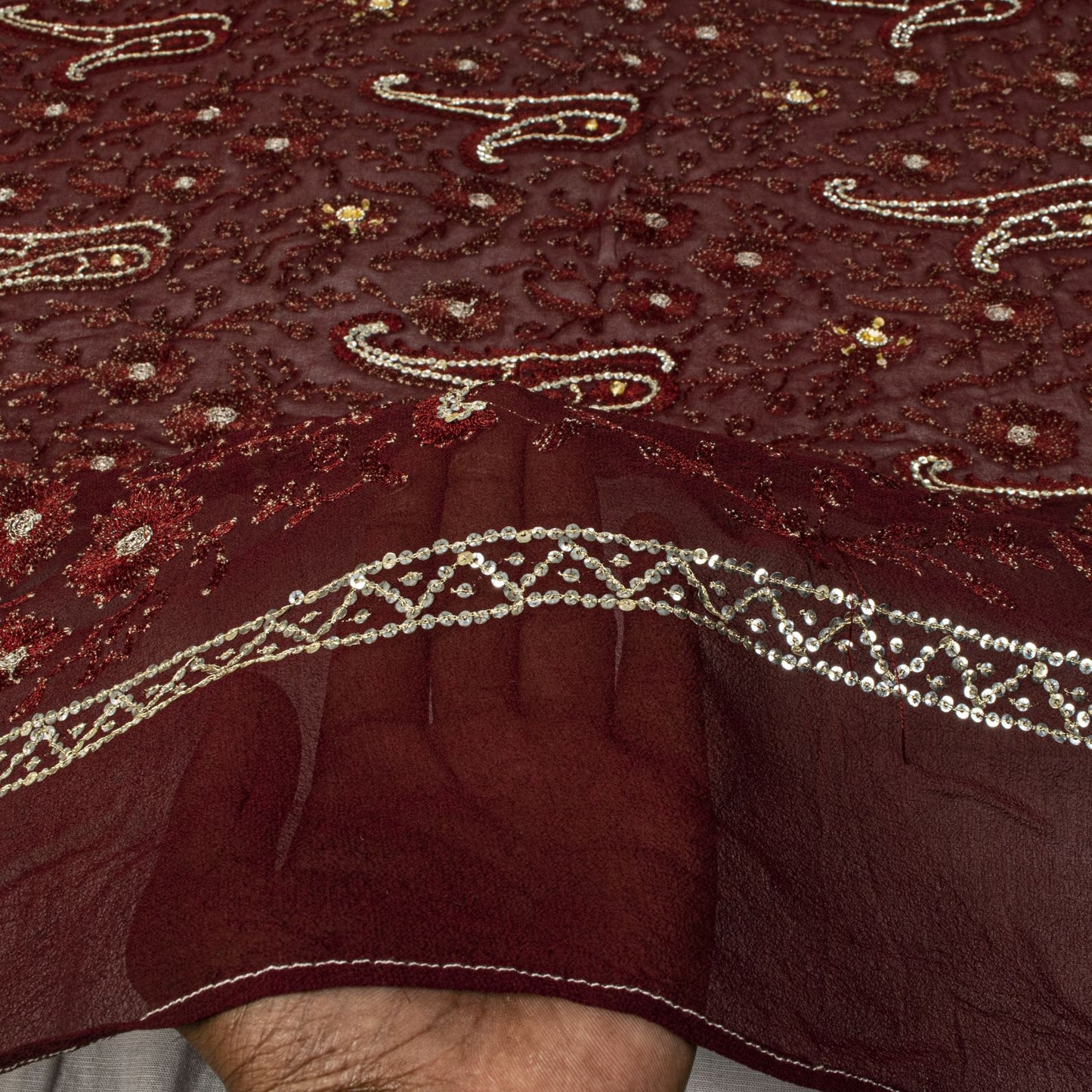 Sanskriti Vintage Brown Pure Georgette Dupatta/Stole Embroidery-Sequins Beaded
