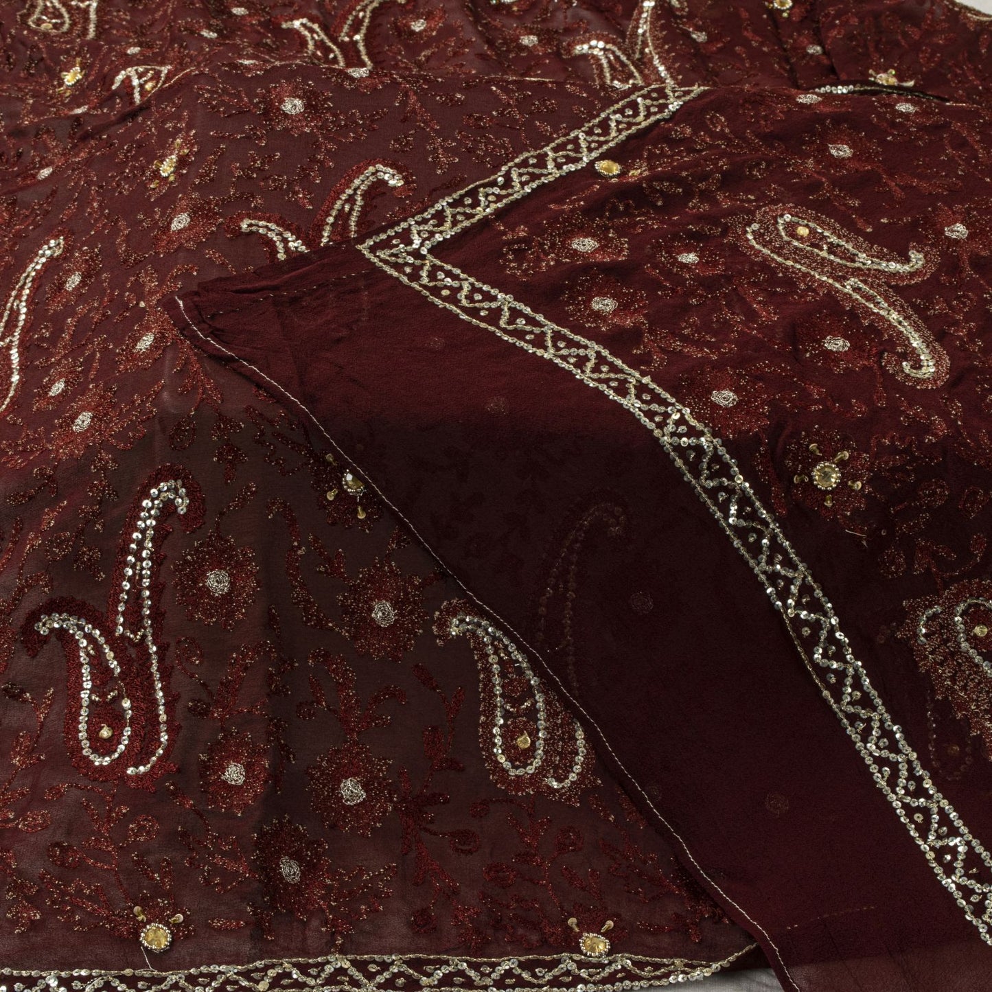 Sanskriti Vintage Brown Pure Georgette Dupatta/Stole Embroidery-Sequins Beaded