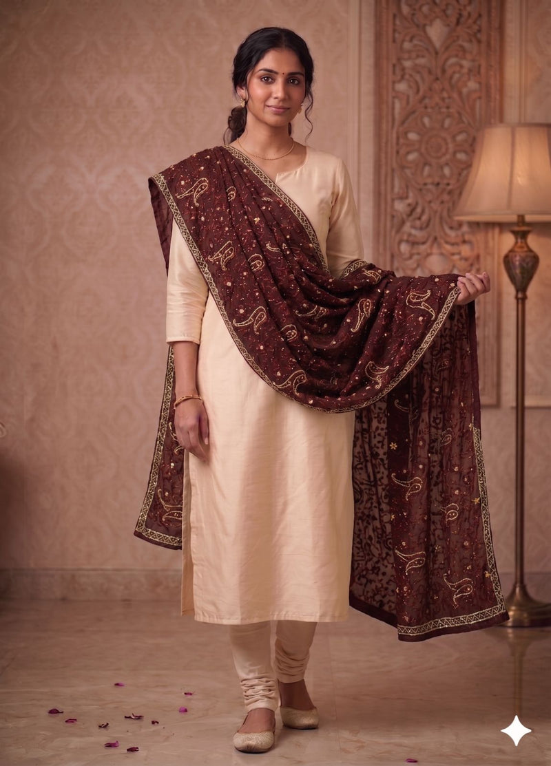 Sanskriti Vintage Brown Pure Georgette Dupatta/Stole Embroidery-Sequins Beaded