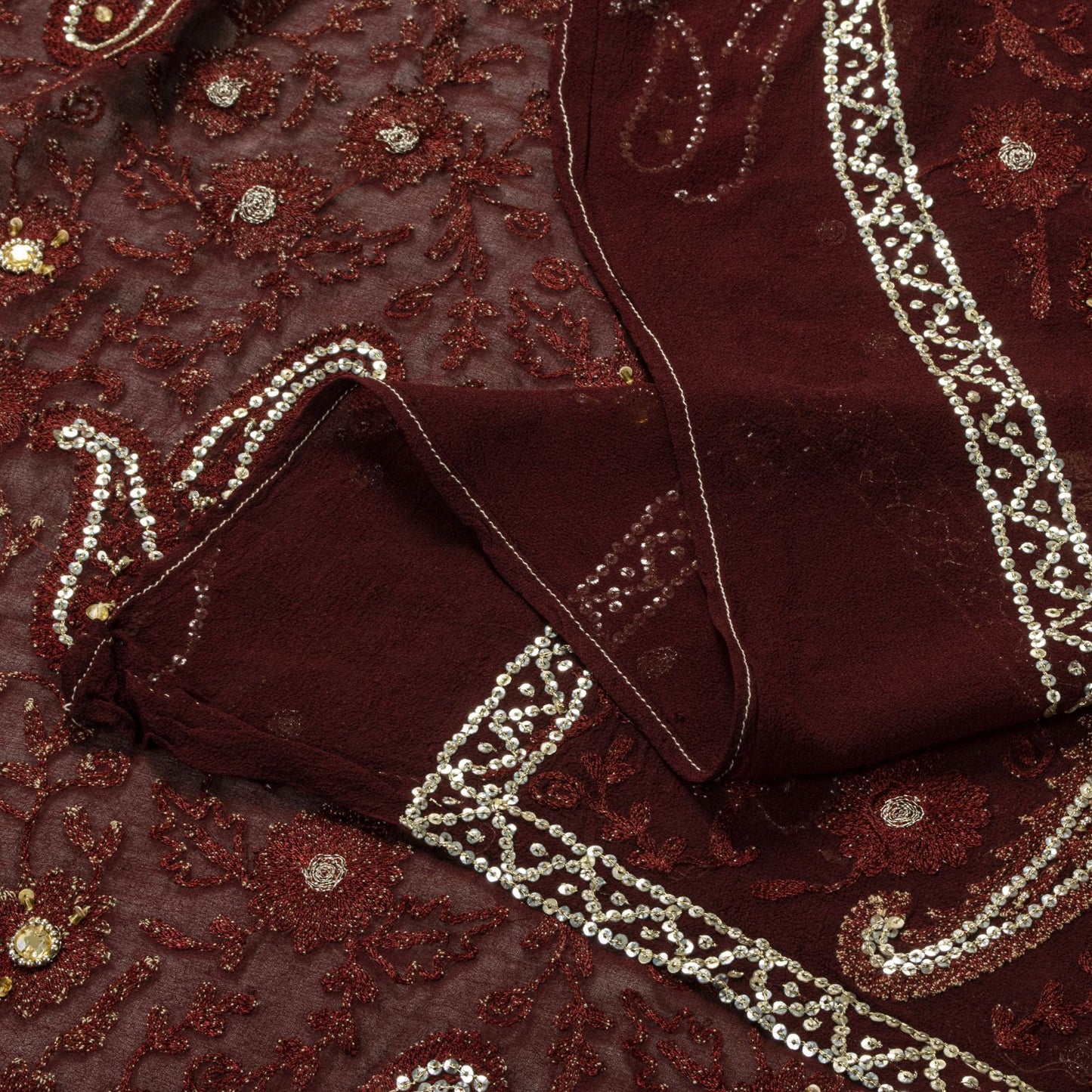 Sanskriti Vintage Brown Pure Georgette Dupatta/Stole Embroidery-Sequins Beaded