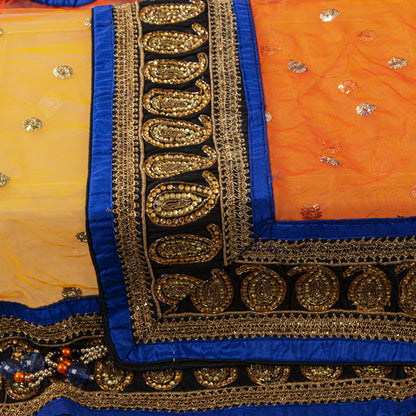 Sanskriti Vintage Net Mesh Orange Dupatta/Stole Hand Embroidery Dabka Sequins