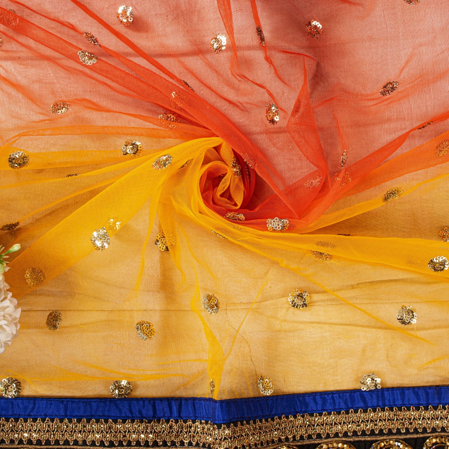 Sanskriti Vintage Net Mesh Orange Dupatta/Stole Hand Embroidery Dabka Sequins