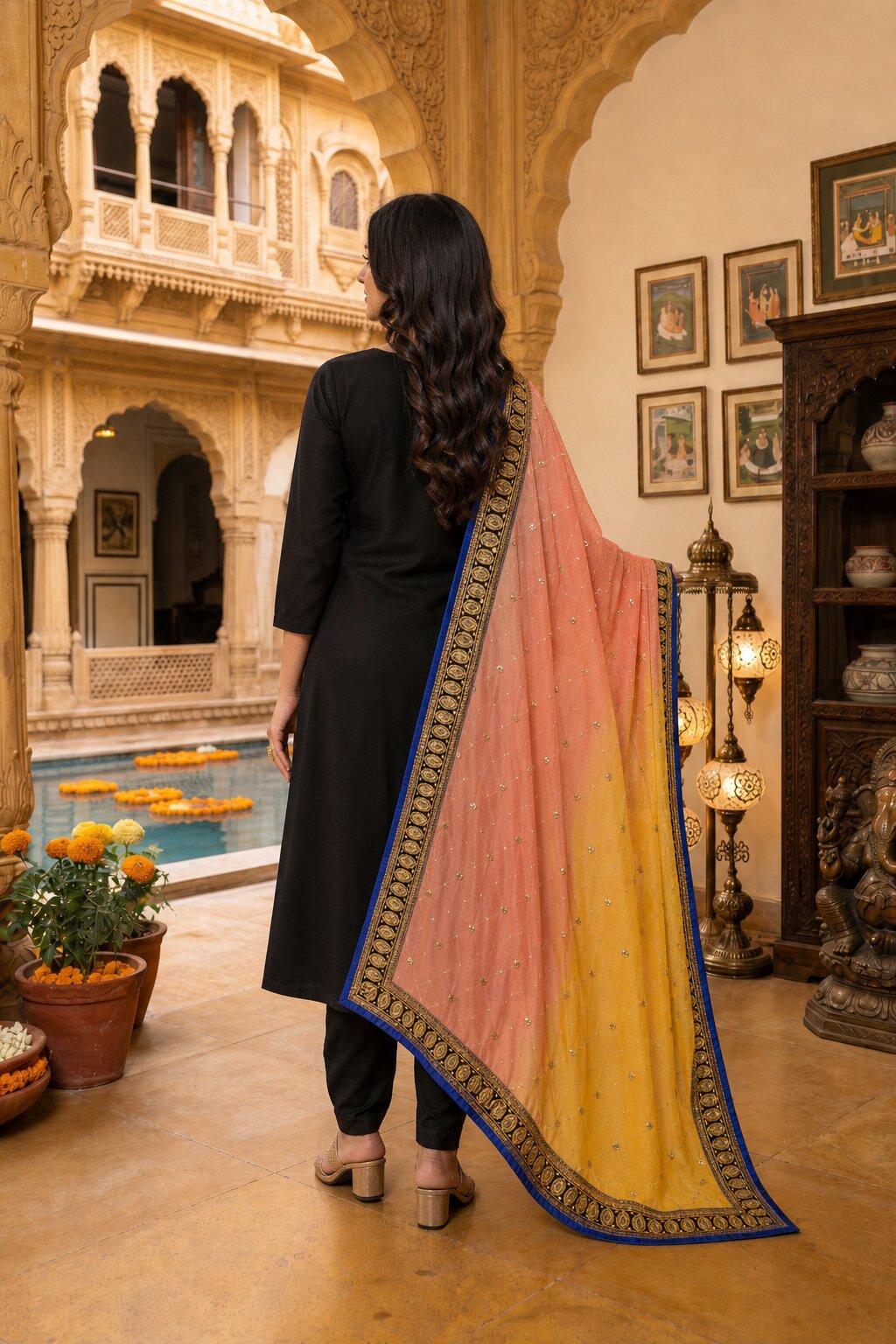 Sanskriti Vintage Net Mesh Orange Dupatta/Stole Hand Embroidery Dabka Sequins