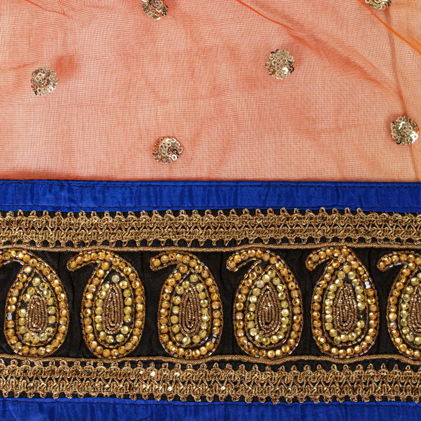 Sanskriti Vintage Net Mesh Orange Dupatta/Stole Hand Embroidery Dabka Sequins