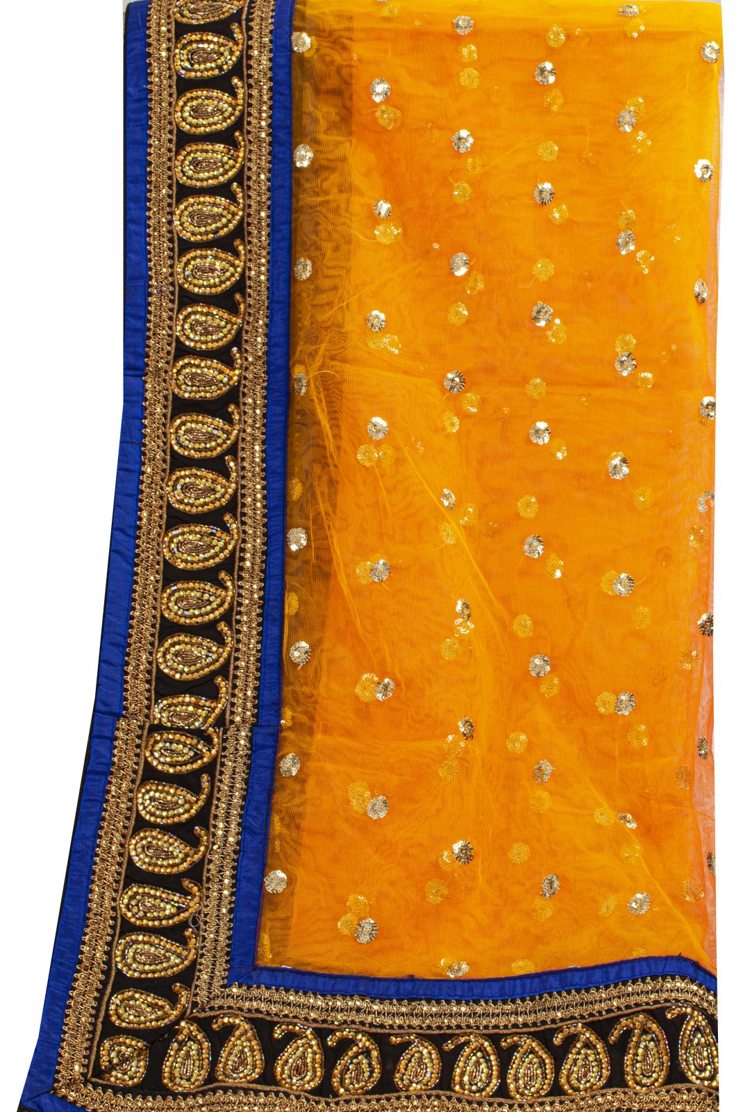 Sanskriti Vintage Net Mesh Orange Dupatta/Stole Hand Embroidery Dabka Sequins