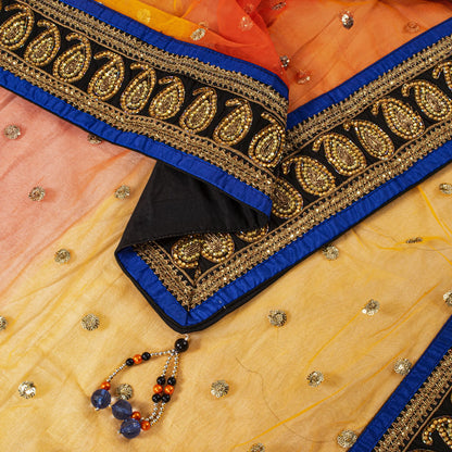 Sanskriti Vintage Net Mesh Orange Dupatta/Stole Hand Embroidery Dabka Sequins