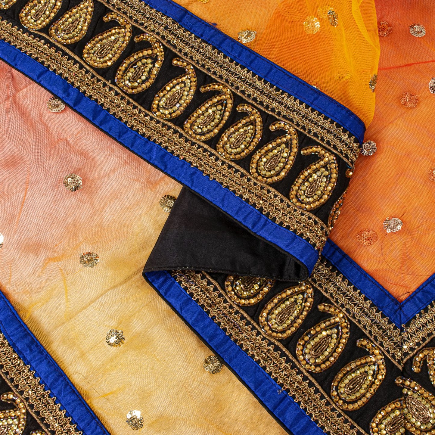 Sanskriti Vintage Net Mesh Orange Dupatta/Stole Hand Embroidery Dabka Sequins
