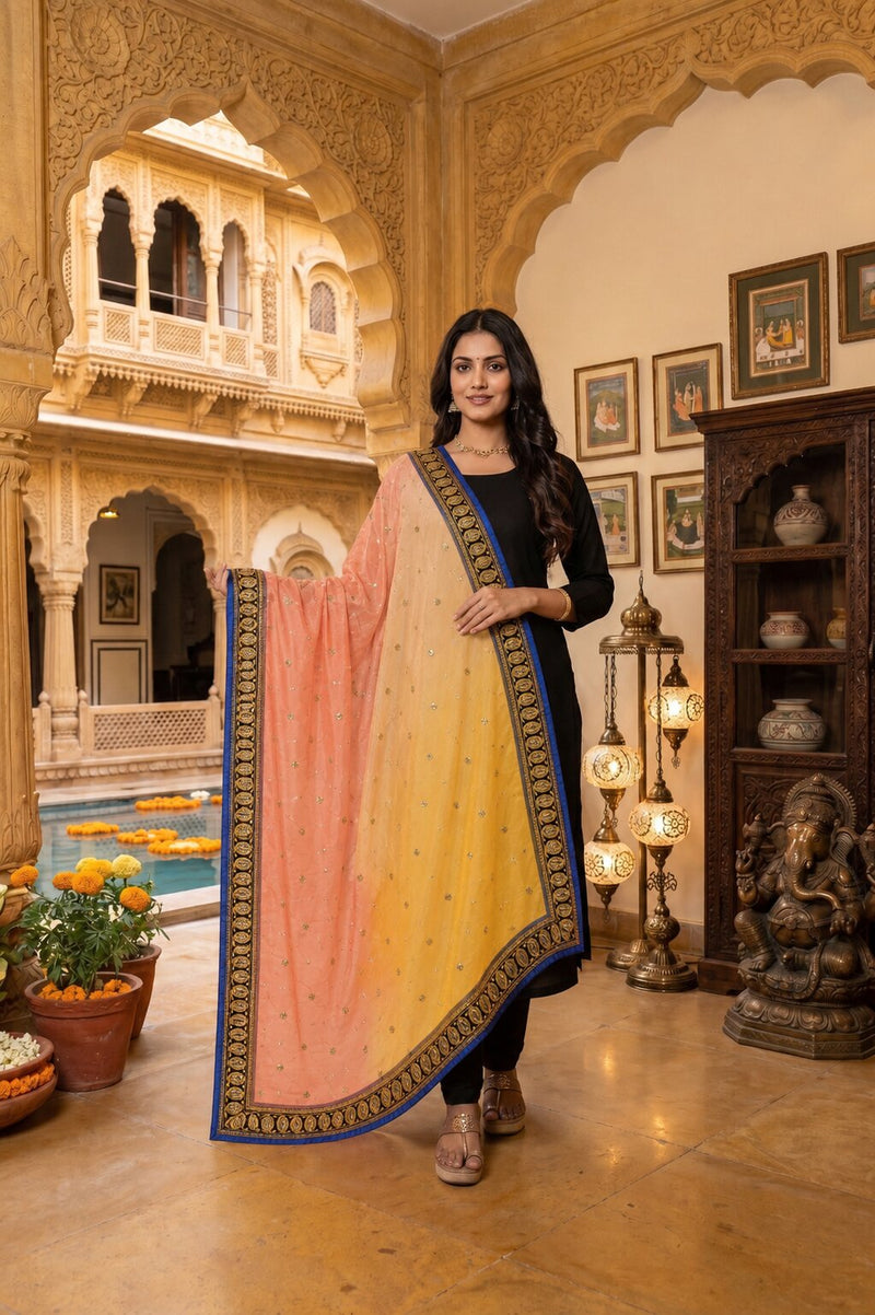 Sanskriti Vintage Net Mesh Orange Dupatta/Stole Hand Embroidery Dabka Sequins