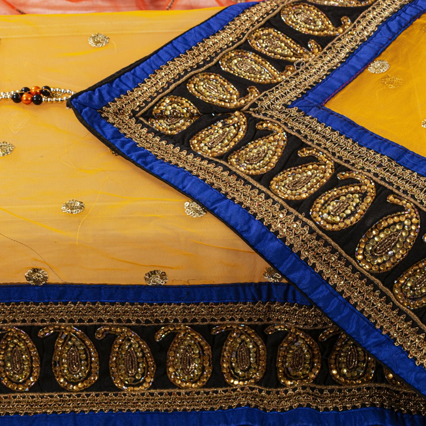 Sanskriti Vintage Net Mesh Orange Dupatta/Stole Hand Embroidery Dabka Sequins