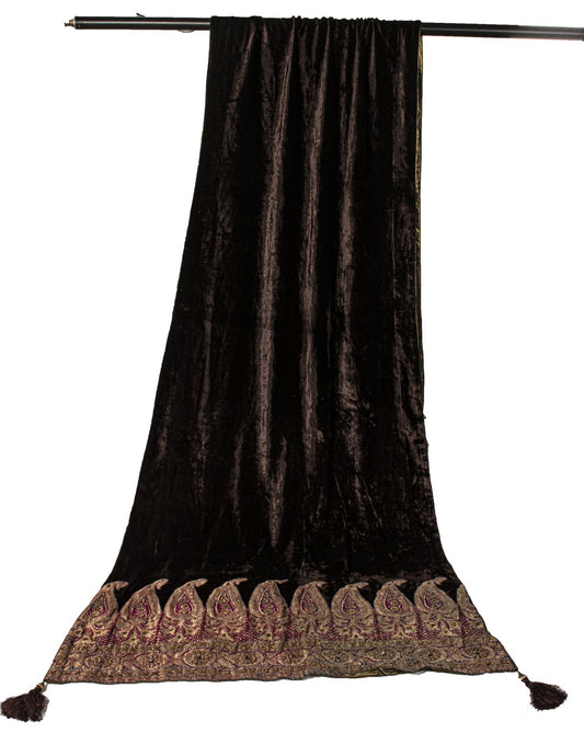 Sanskriti Vintage Brown Velvet Dupatta/Stole Brocade Woven Patch Work Wrap Veil