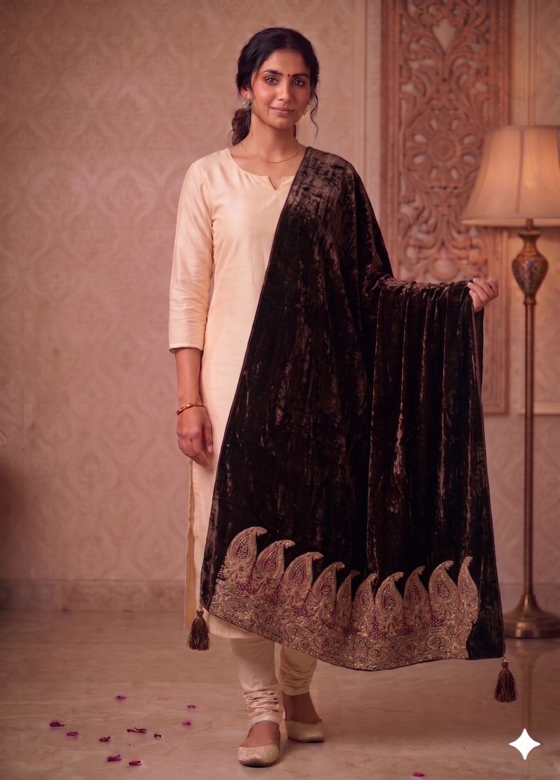 Sanskriti Vintage Brown Velvet Dupatta/Stole Brocade Woven Patch Work Wrap Veil