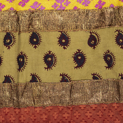 Sanskriti Vintage Yellow Pure Crepe Dupatta/Stole Dabka-Fabric Patch-Print Veil
