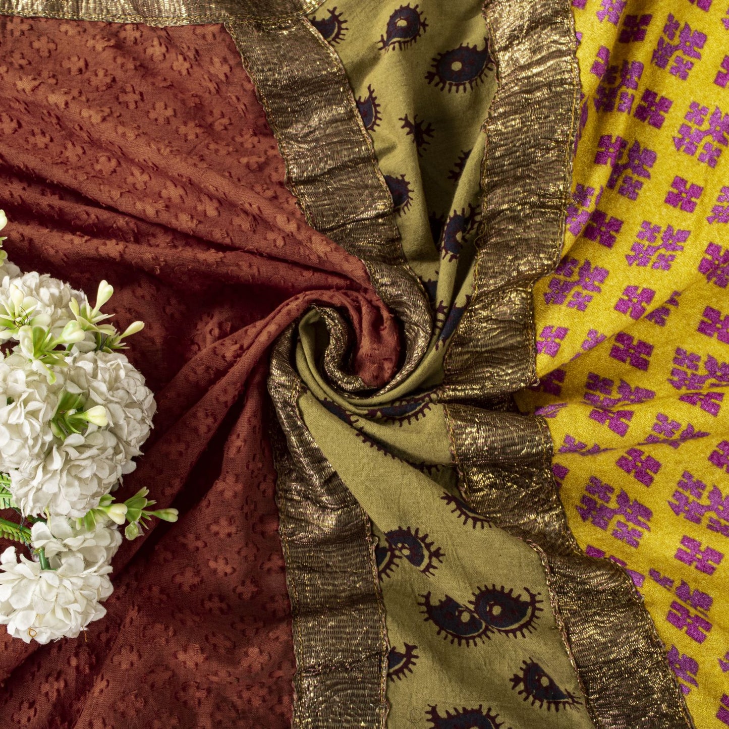 Sanskriti Vintage Yellow Pure Crepe Dupatta/Stole Dabka-Fabric Patch-Print Veil