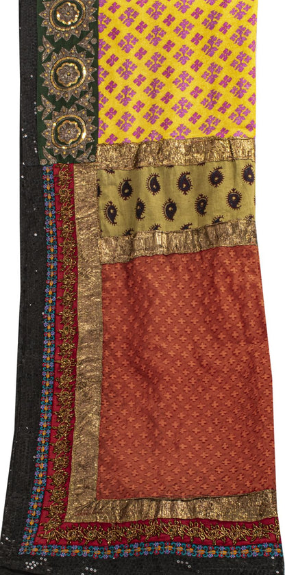 Sanskriti Vintage Yellow Pure Crepe Dupatta/Stole Dabka-Fabric Patch-Print Veil