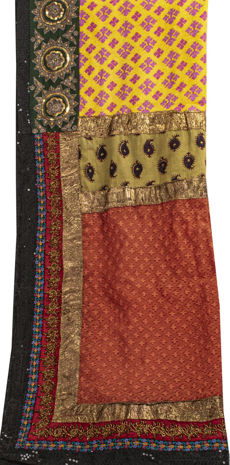 Sanskriti Vintage Yellow Pure Crepe Dupatta/Stole Dabka-Fabric Patch-Print Veil