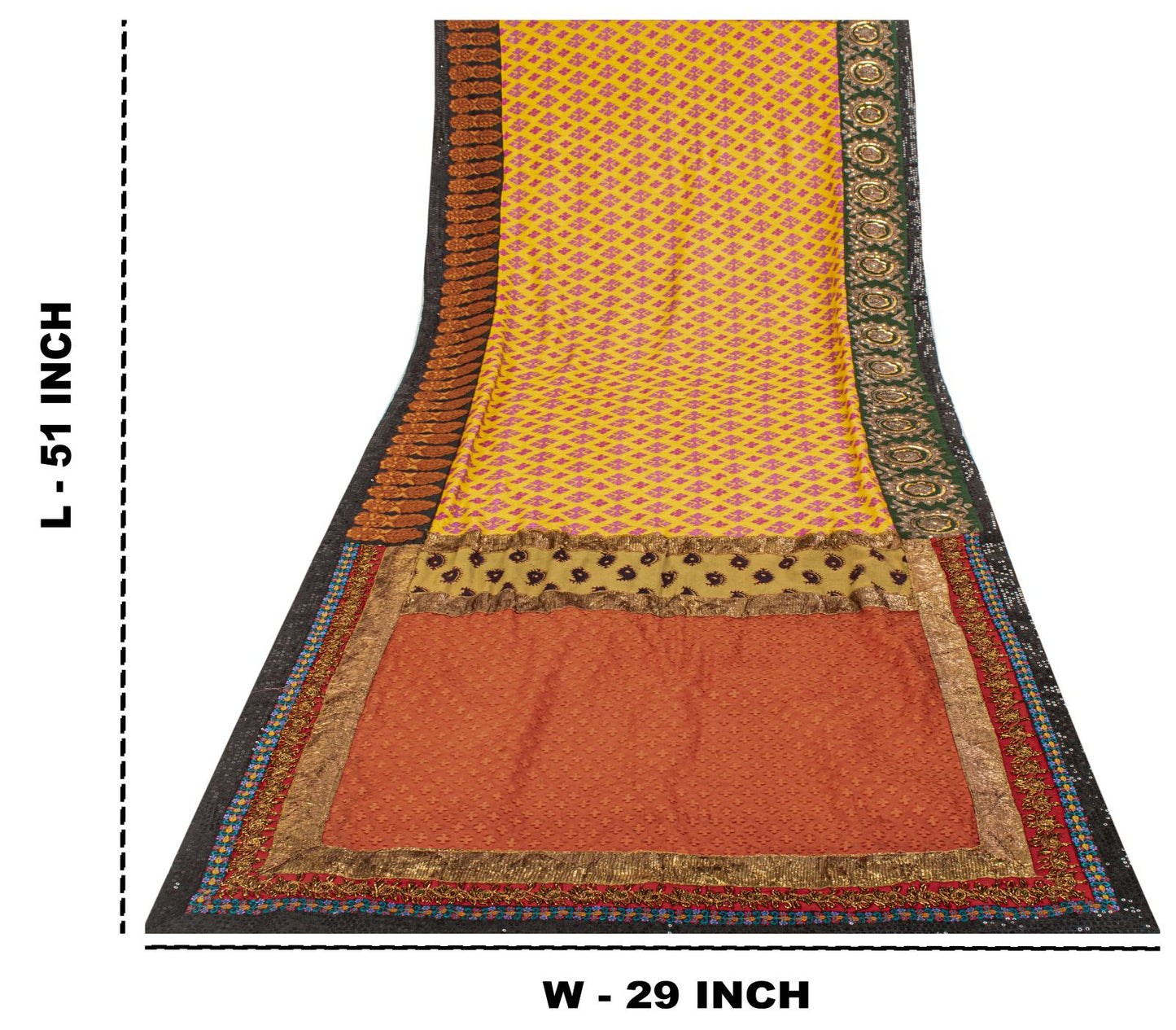 Sanskriti Vintage Yellow Pure Crepe Dupatta/Stole Dabka-Fabric Patch-Print Veil