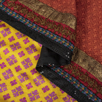 Sanskriti Vintage Yellow Pure Crepe Dupatta/Stole Dabka-Fabric Patch-Print Veil