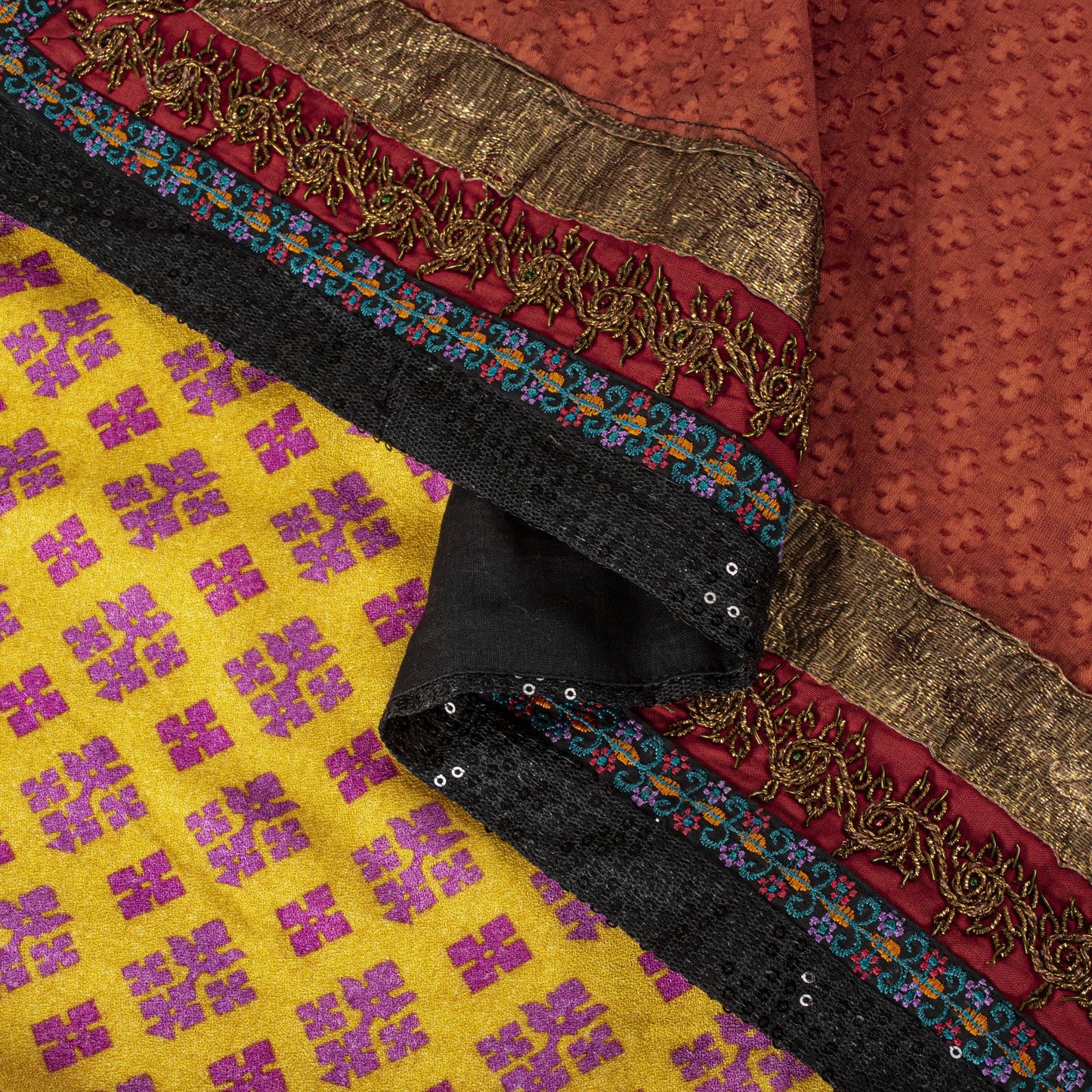 Sanskriti Vintage Yellow Pure Crepe Dupatta/Stole Dabka-Fabric Patch-Print Veil
