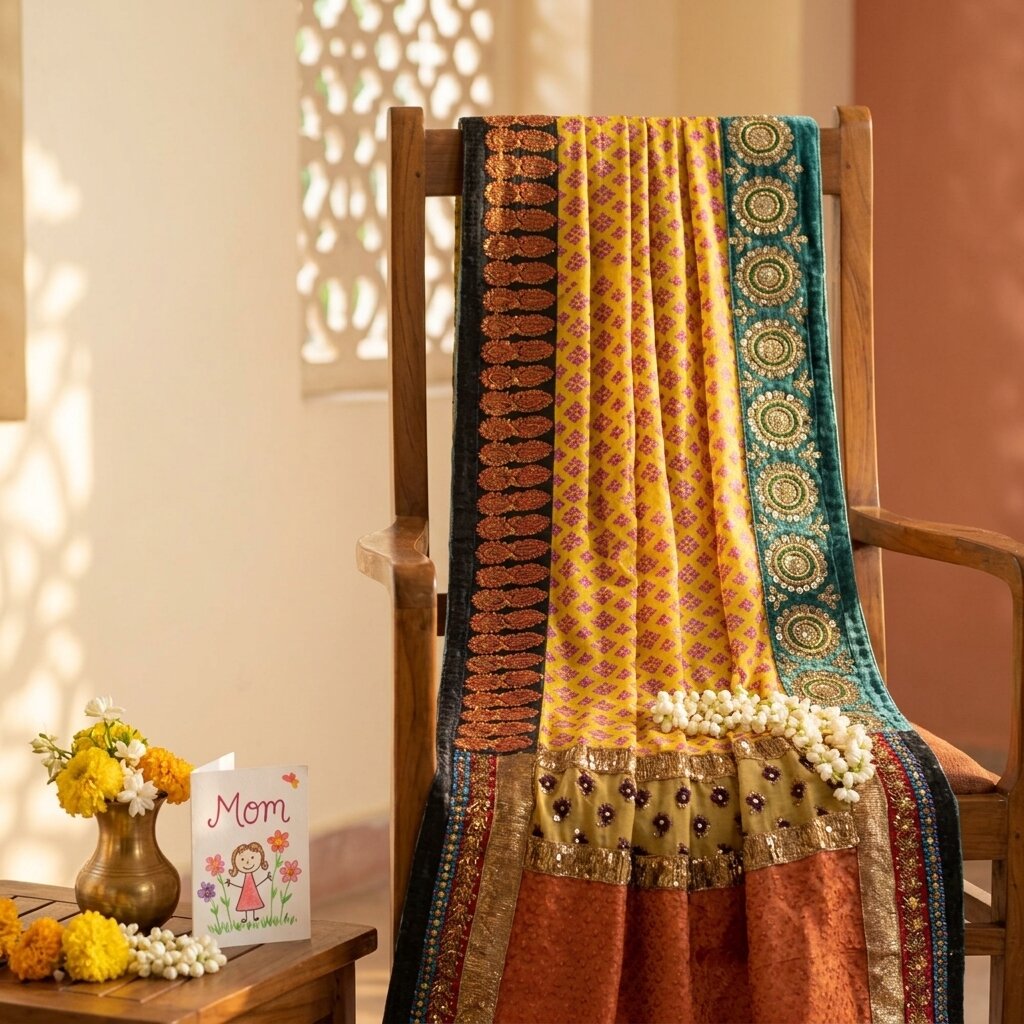 Sanskriti Vintage Yellow Pure Crepe Dupatta/Stole Dabka-Fabric Patch-Print Veil
