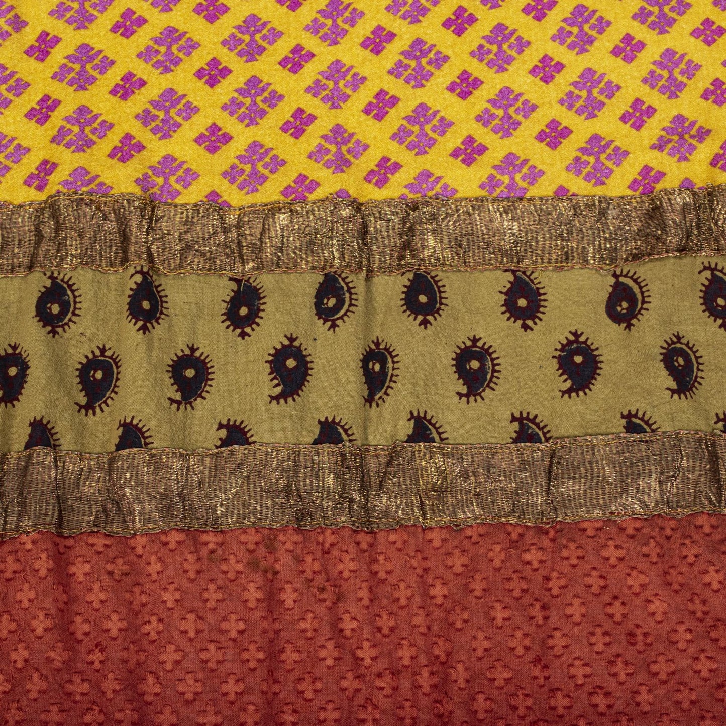 Sanskriti Vintage Yellow Pure Crepe Dupatta/Stole Dabka-Fabric Patch-Print Veil