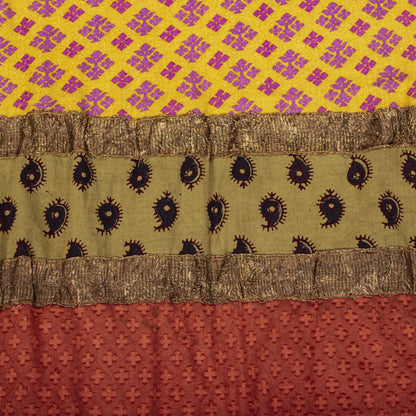 Sanskriti Vintage Yellow Pure Crepe Dupatta/Stole Dabka-Fabric Patch-Print Veil