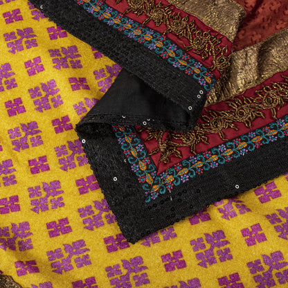 Sanskriti Vintage Yellow Pure Crepe Dupatta/Stole Dabka-Fabric Patch-Print Veil