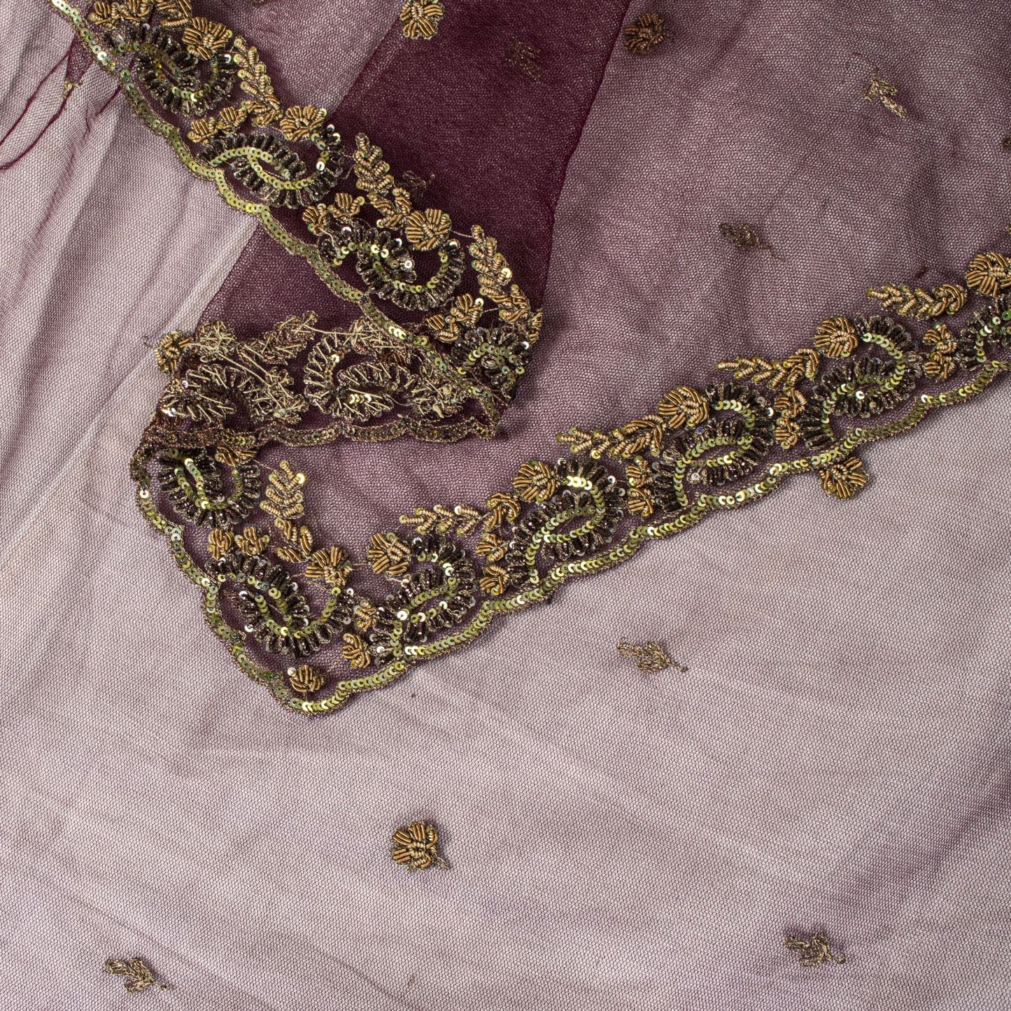 Sanskriti Vintage Net Purple Dupatta/Stole Hand Embroidered Zardozi Antique Veil