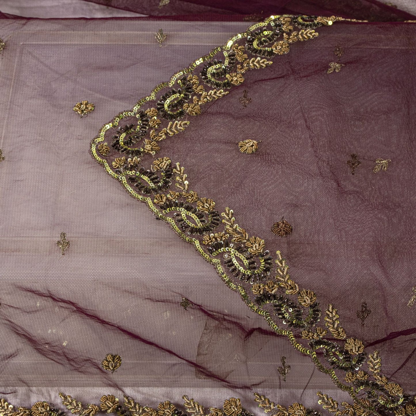 Sanskriti Vintage Net Purple Dupatta/Stole Hand Embroidered Zardozi Antique Veil