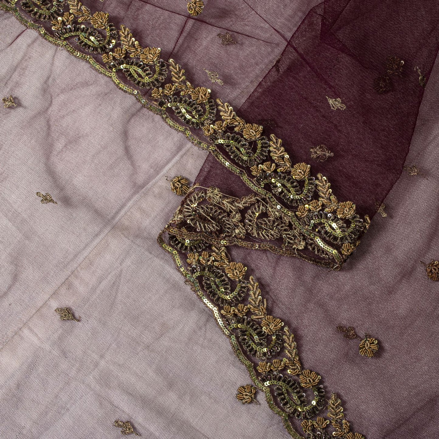 Sanskriti Vintage Net Purple Dupatta/Stole Hand Embroidered Zardozi Antique Veil