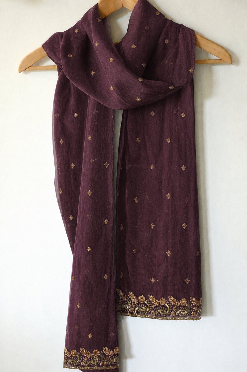 Sanskriti Vintage Net Purple Dupatta/Stole Hand Embroidered Zardozi Antique Veil