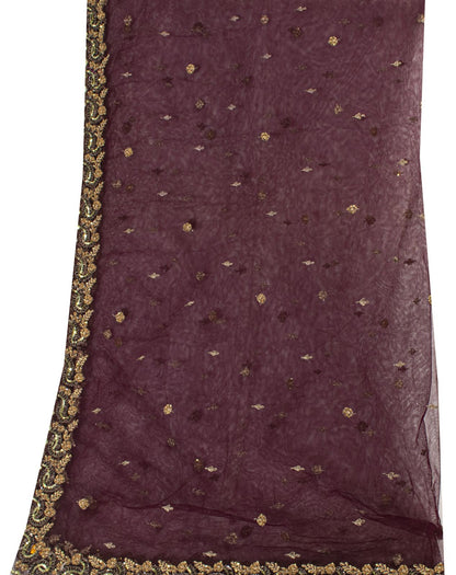 Sanskriti Vintage Net Purple Dupatta/Stole Hand Embroidered Zardozi Antique Veil