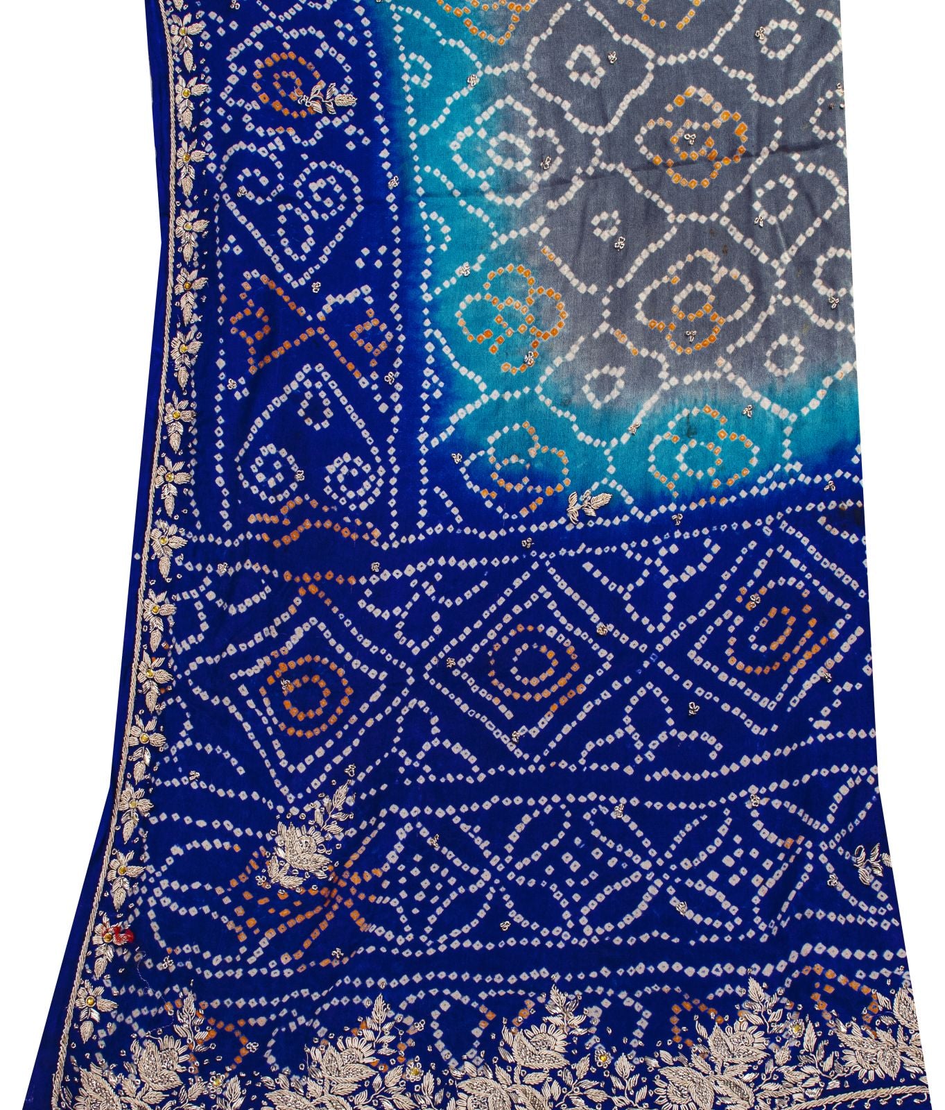 Sanskriti Vintage Blue Pure Silk Dupatta/Stole Hand Embroidered Zardozi Bandhani