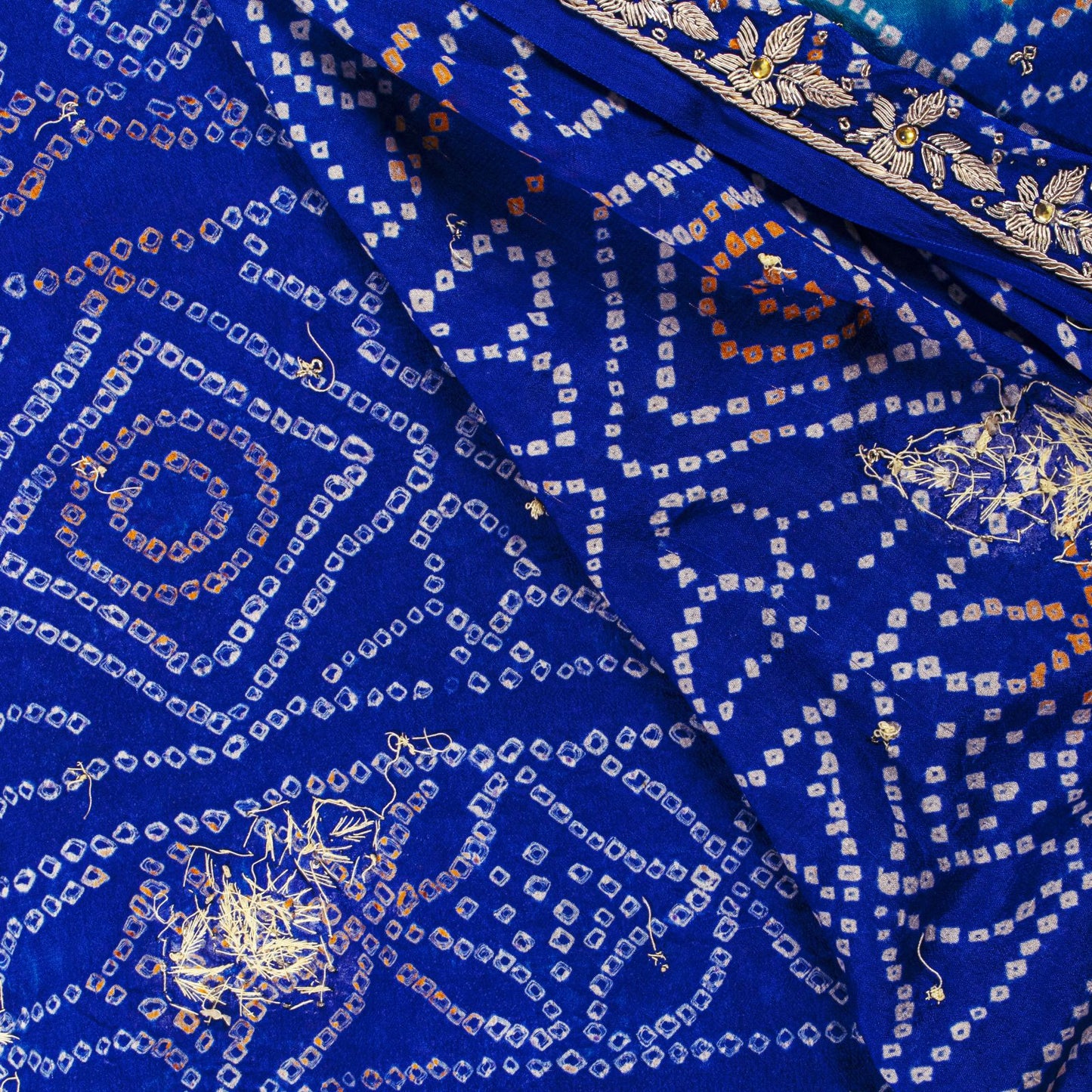 Sanskriti Vintage Blue Pure Silk Dupatta/Stole Hand Embroidered Zardozi Bandhani