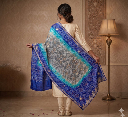 Sanskriti Vintage Blue Pure Silk Dupatta/Stole Hand Embroidered Zardozi Bandhani