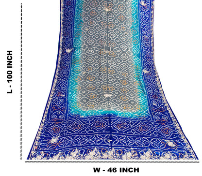 Sanskriti Vintage Blue Pure Silk Dupatta/Stole Hand Embroidered Zardozi Bandhani