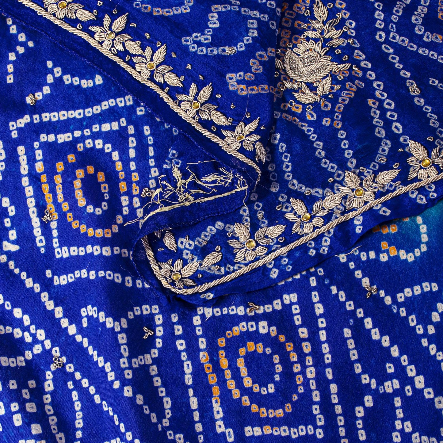 Sanskriti Vintage Blue Pure Silk Dupatta/Stole Hand Embroidered Zardozi Bandhani