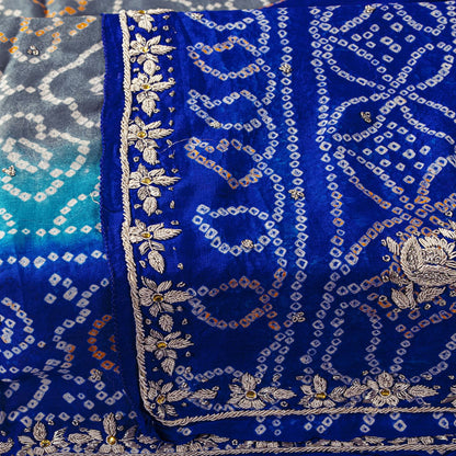 Sanskriti Vintage Blue Pure Silk Dupatta/Stole Hand Embroidered Zardozi Bandhani