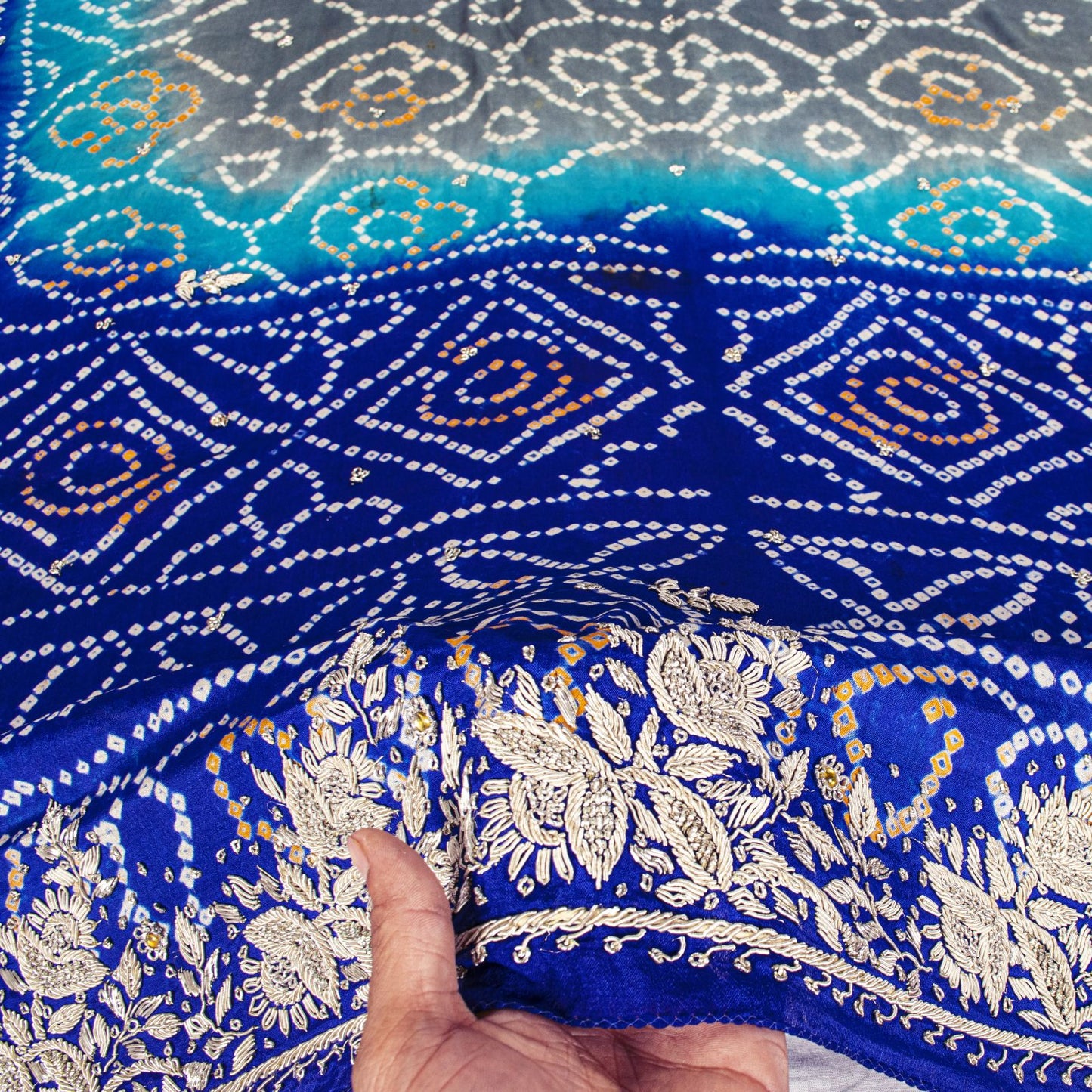 Sanskriti Vintage Blue Pure Silk Dupatta/Stole Hand Embroidered Zardozi Bandhani