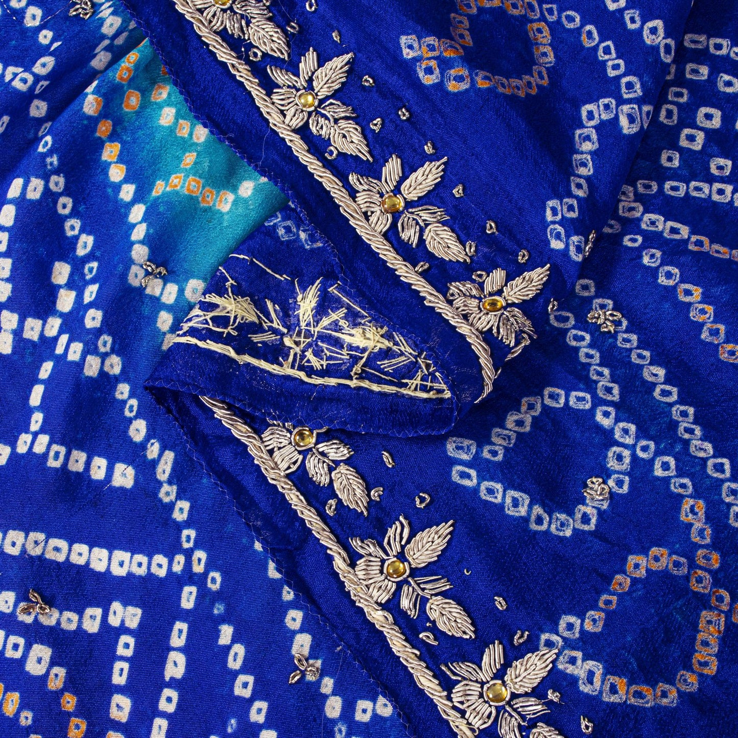 Sanskriti Vintage Blue Pure Silk Dupatta/Stole Hand Embroidered Zardozi Bandhani