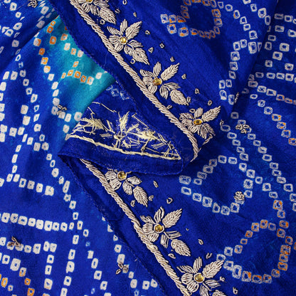 Sanskriti Vintage Blue Pure Silk Dupatta/Stole Hand Embroidered Zardozi Bandhani